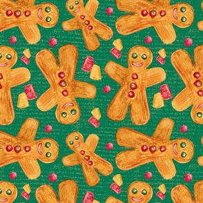 Bright Retro Tossed Gingerbread Men and candy buttons against bright green textured background