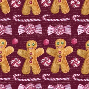 Gingerbread Men And Candy Stripes and Rows against dark burgundy, Peppermint, Candy Canes, Holiday Treats