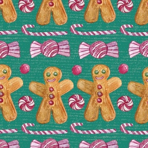 Gingerbread Men And Candy Stripes and Rows against light teal green, Peppermint, Candy Canes, Holiday Treats