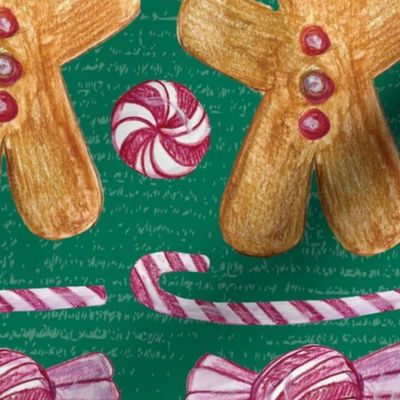 Gingerbread Men And Candy Stripes and Rows against dark teal green, Peppermint, Candy Canes, Holiday Treats