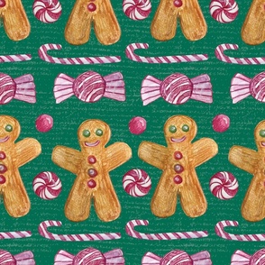 Gingerbread Men And Candy Stripes and Rows against dark teal green, Peppermint, Candy Canes, Holiday Treats