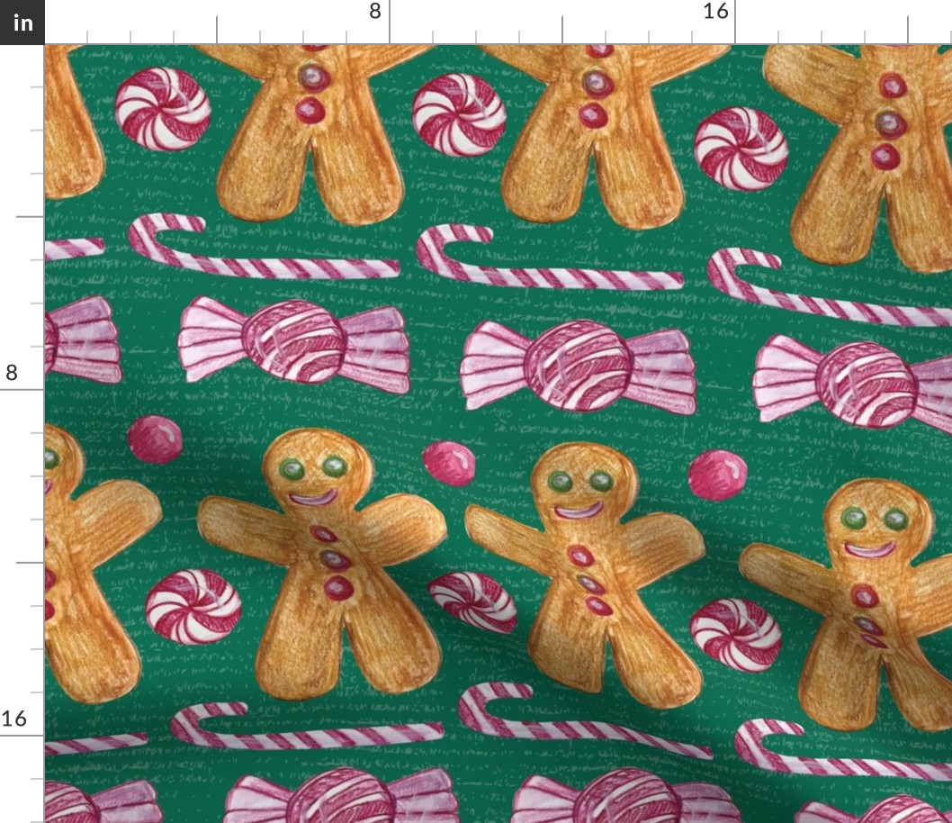 Gingerbread Men And Candy Stripes and Rows against dark teal green, Peppermint, Candy Canes, Holiday Treats