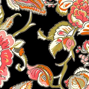  New Heritage Jacobean –  Coral/Avocado on Black Wallpaper