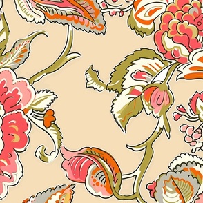  New Heritage Jacobean –  Coral/Avocado on Golden Sand Wallpaper