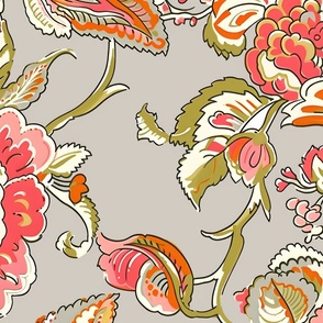  New Heritage Jacobean –  Coral/Avocado on Agreeable Gray Wallpaper