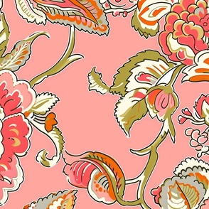  New Heritage Jacobean –  Coral/Avocado on Coral Bay  Wallpaper