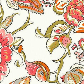 New Heritage Jacobean - Coral/Avocado on Pale Cream Wallpaper