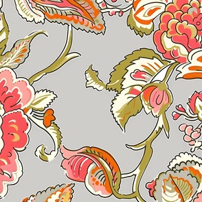  New Heritage Jacobean –  Coral/Avocado on Greige Wallpaper