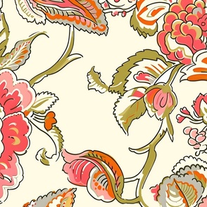  New Heritage Jacobean –  Coral/Avocado on Cream Wallpaper