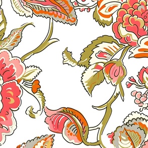  New Heritage Jacobean –  Coral/Avocado on White Wallpaper