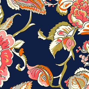  New Heritage Jacobean –  Coral/Avocado on Nite Blue  Wallpaper