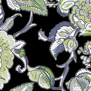  New Heritage Jacobean –  Dark Gray/Lime on Black Wallpaper