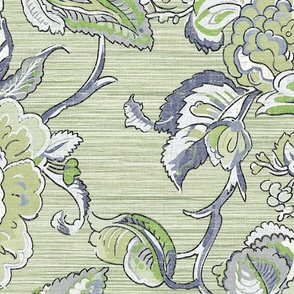 Rustic New Heritage Jacobean – Dark Gray/Lime on Lime-Gray Grasscloth  Wallpaper