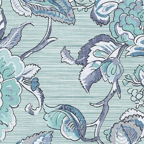 Rustic New Heritage Jacobean – Dark Gray/Teal on Carribean Sea-glass Grasscloth Wallpaper  