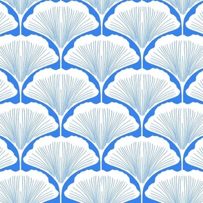 Ginkgo Leaf Art Deco Scallops in bright blue & white - smaller scale