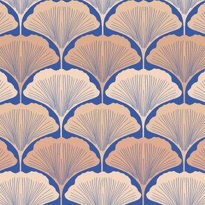 Ginkgo Leaf Art Deco Scallops in nude and gold on blue - smaller scale