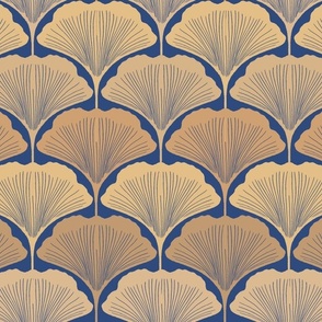 Ginkgo Leaf Art Deco Scallops in gold tones on navy blue - smaller scale