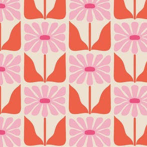 Retro Block Print Floral Checkerboard Midcentury design in Red and Pink on Light Background