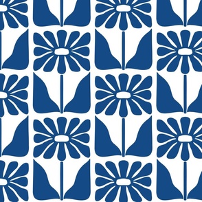 Retro Block Print Floral Checkerboard Midcentury design in BM Dark Royal Blue
