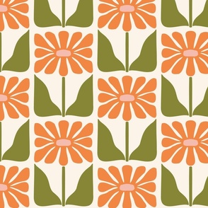Retro Block Print Floral Checkerboard Midcentury design in 70s colors