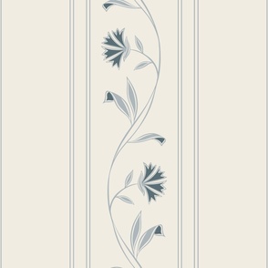Floral Vine Border Stripe - Creamy White, French Grey, Marble Blue  - Simple Classic Vertical