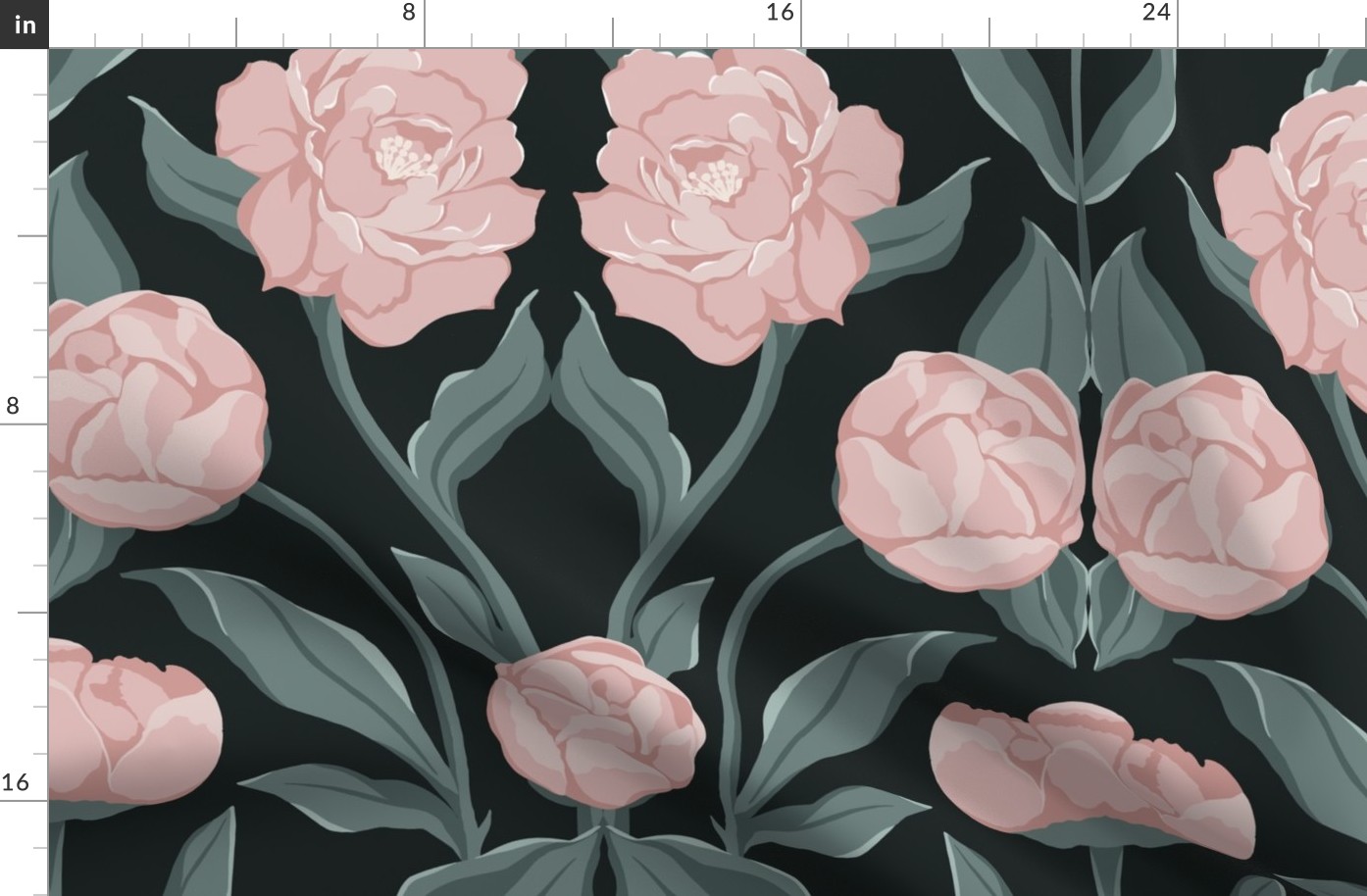 Elegant Pink peonies With green leaves with a dark green background (Large 21x21)