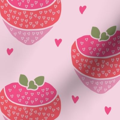 Bright Pink and Red Hand-Drawn Strawberries and Hearts Cheerful Summer Pattern