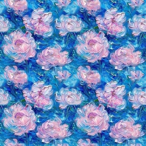 Smaller Monet Style Dusty Pink Roses On Blue