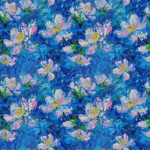 Smaller Monet Style Pink and Yellow Blossoms on Blue