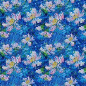 Bigger Monet Style Pink and Yellow Blossoms on Blue