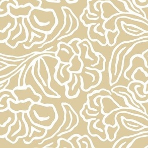 Damask block print with floral lines in pastel golden yellow and white