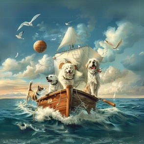 Dogs in sailboat , fantastic and beautiful universe on the ocean, with balloons and birds 