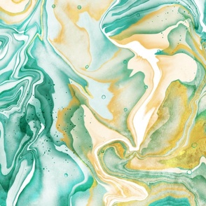 Alcohol Ink Marbled Abstract Fluid Art in Gold and Teal Green