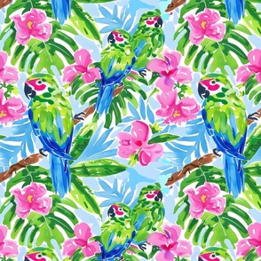 Preppy green parrots among palm trees and flowers