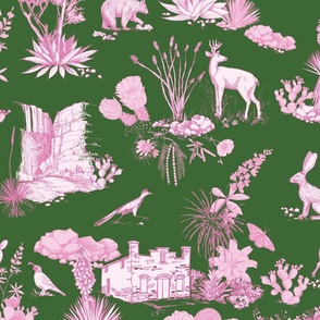 Texas Toile, Big Bend National Park, pink on green, LARGE 24", STRAIGHT REPEAT, bear cougar Southwest french country cactus hidden pictures