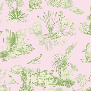 Texas Toile, Big Bend National Park, green on pink, LARGE 24", STRAIGHT REPEAT, bear cougar Southwest french country cactus hidden pictures