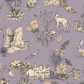 Texas Toile, Big Bend National Park, butter yellow on dusty lavender, LARGE 24", STRAIGHT REPEAT, bear cougar Southwest french country cactus hidden pictures