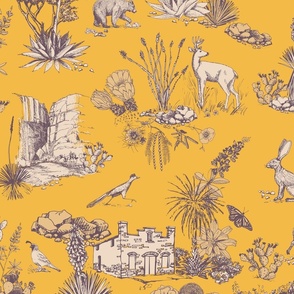 Texas Toile, Big Bend National Park, warm gray on provence yellow, LARGE 24", STRAIGHT REPEAT, bear cougar Southwest french country cactus hidden pictures