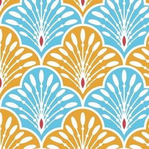 Art Deco - Feathers in Aqua Blue and Mustard