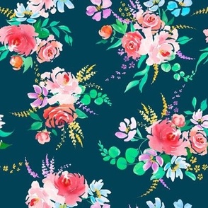 Watercolor peonies and roses in spring palette on Sea green medium