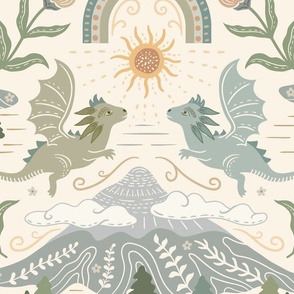 Cute Boho Dragons with mountain, clouds and rainbow - muted greens, teal, yellow, beige -  kids, nursery - extra large