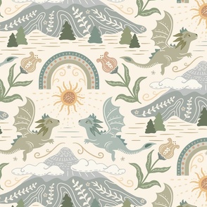 Cute Boho Dragons with mountain, clouds and rainbow - muted greens, teal, yellow, beige -  kids, nursery - large