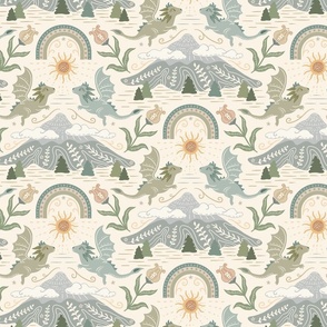 Cute Boho Dragons with mountain, clouds and rainbow - muted greens, teal, yellow, beige -  kids, nursery - medium