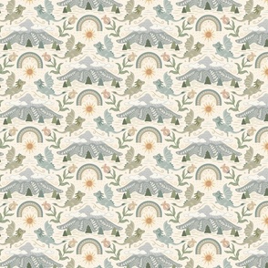 Cute Boho Dragons with mountain, clouds and rainbow - muted greens, teal, yellow, beige -  kids, nursery - small