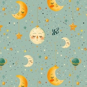 Cute Sleepy Moons and Star Design Pattern Kids Room Design Green