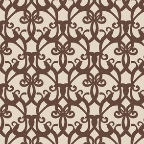 large - Fleur-de-lis damask - curly vintage barocco pattern - pinecone brown on swan light beige