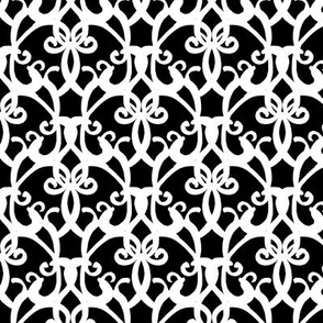 large - Fleur-de-lis damask - curly vintage barocco pattern - white on black