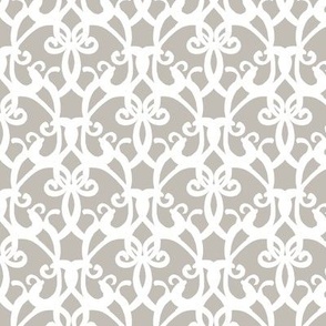 large - Fleur-de-lis damask - curly vintage barocco pattern - white on moonstruck gray beige