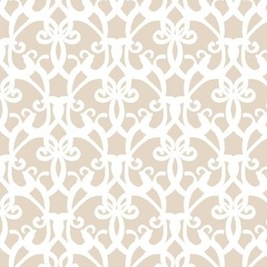 large - Fleur-de-lis damask - curly vintage barocco pattern - white on swan light beige