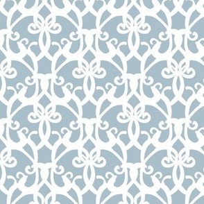 large - Fleur-de-lis damask - curly vintage barocco pattern - white on winter sky light blue gray